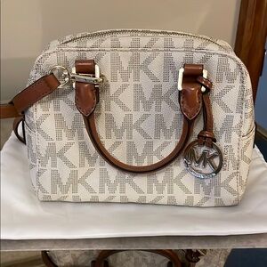 Michael Kors Cream and Brown Satchel with Monogram Pattern